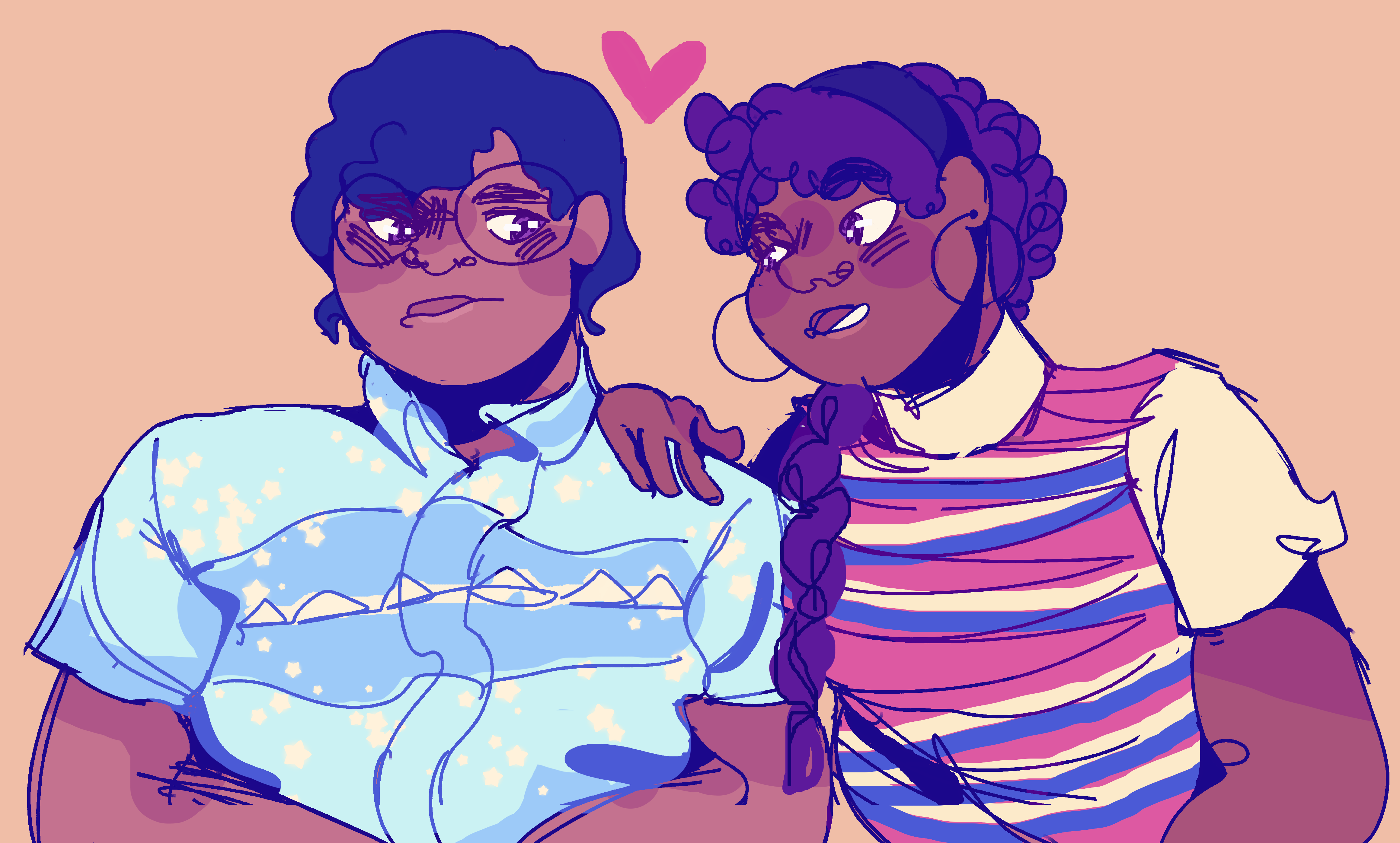 A digital sketch of Paul and Sofía from Yo soy Franky in their twenties. Paul is drawn with dark wavy hair, and Sofía with dark curly hair. Sofía is holding Paul's shoulder and smiles to him while he looks at her with a grimace. There is a red heart between them.