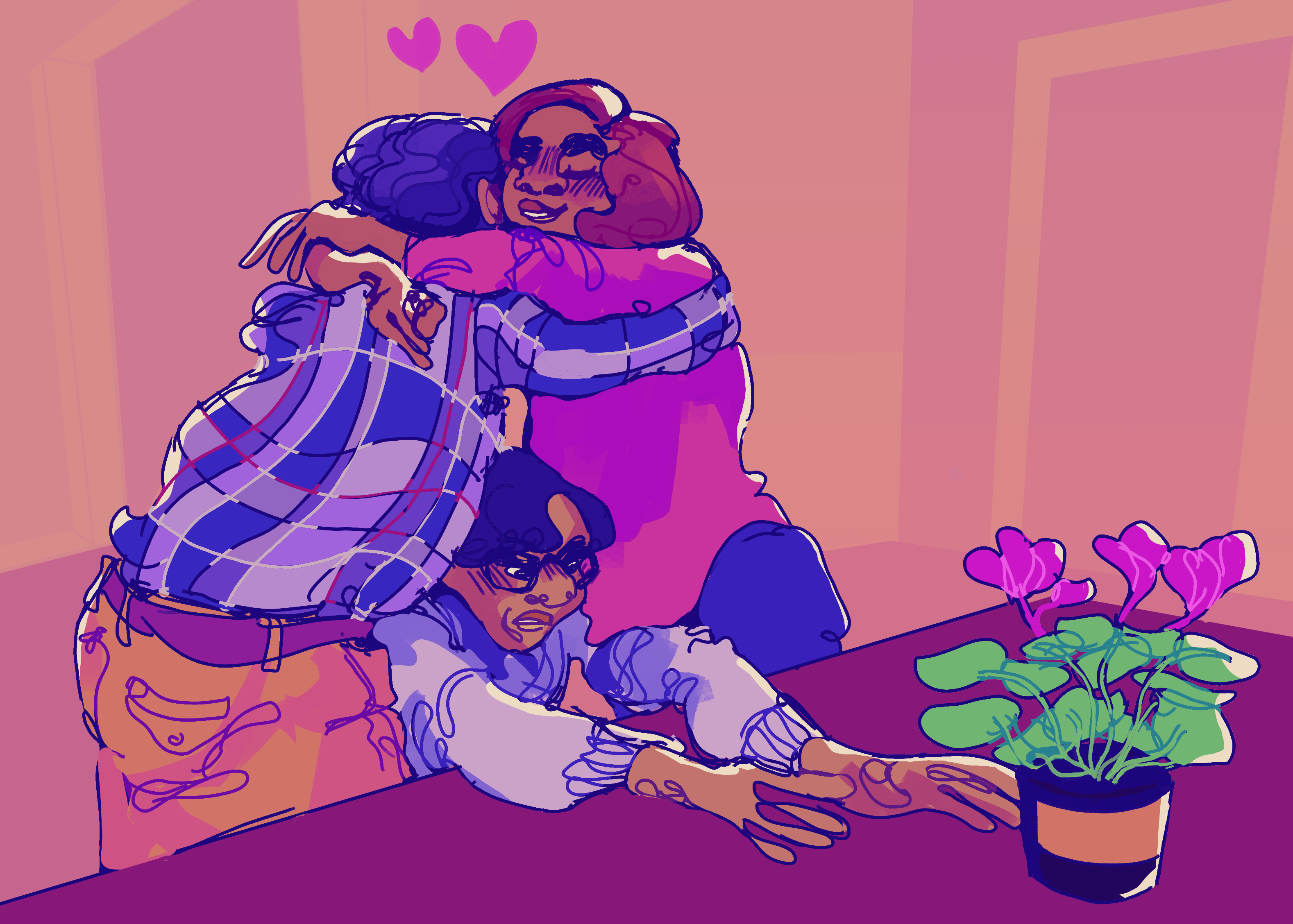 A digital drawing of Sofía and Wilson from Yo soy Franky hugging next to their living room table. Sofía is wearing a bright pink shirt and jeans and she is smiling a lot. Wilson is wearing a blue plaid shirt and orange pants. There are two bright red hearts on top of their heads. In the space between and below them, Paul extends his arm to grab a pot of bright pink flowers with an annoyed look on his face.