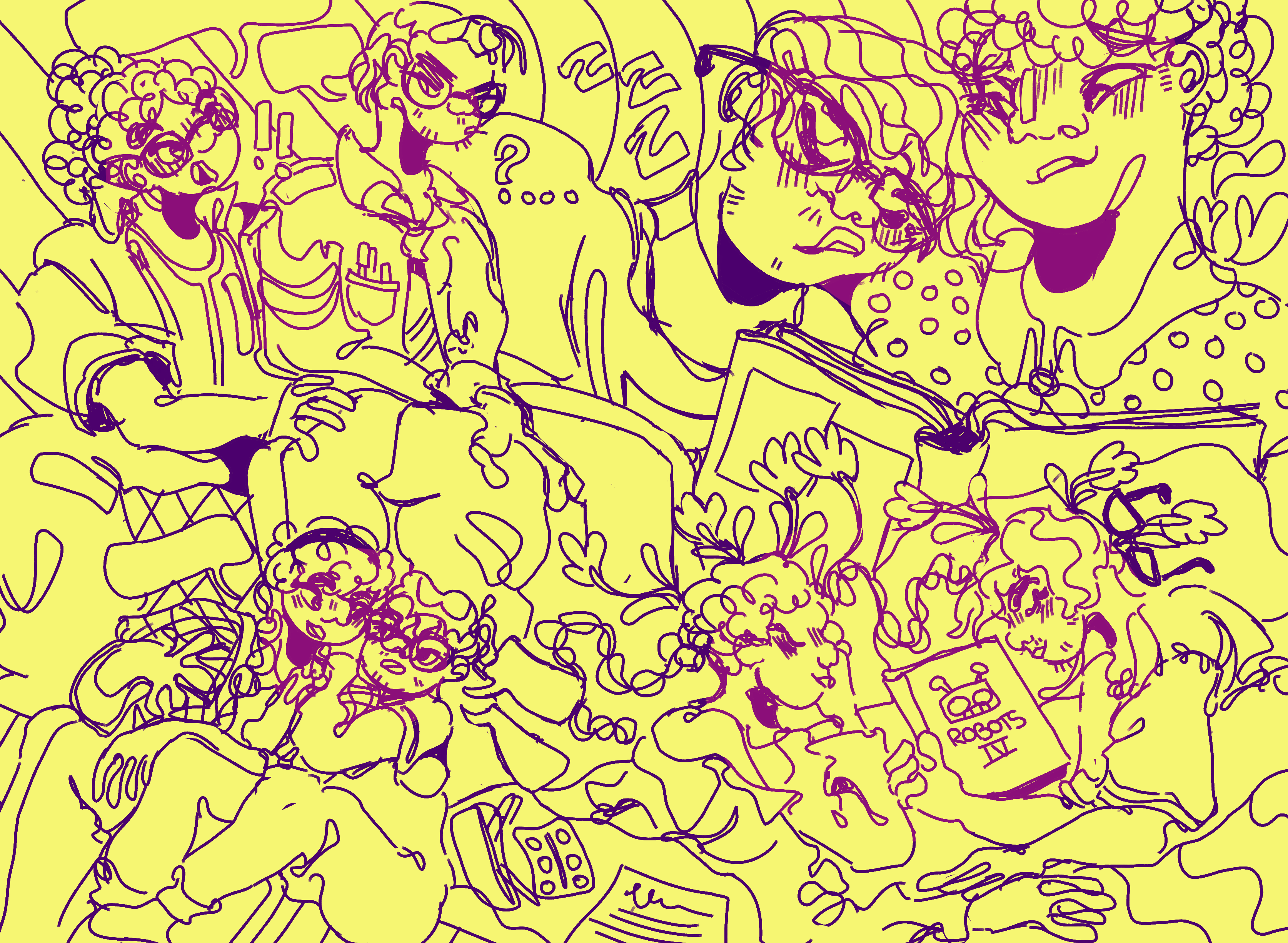 The same drawing with only the lineart, with a yellow background.