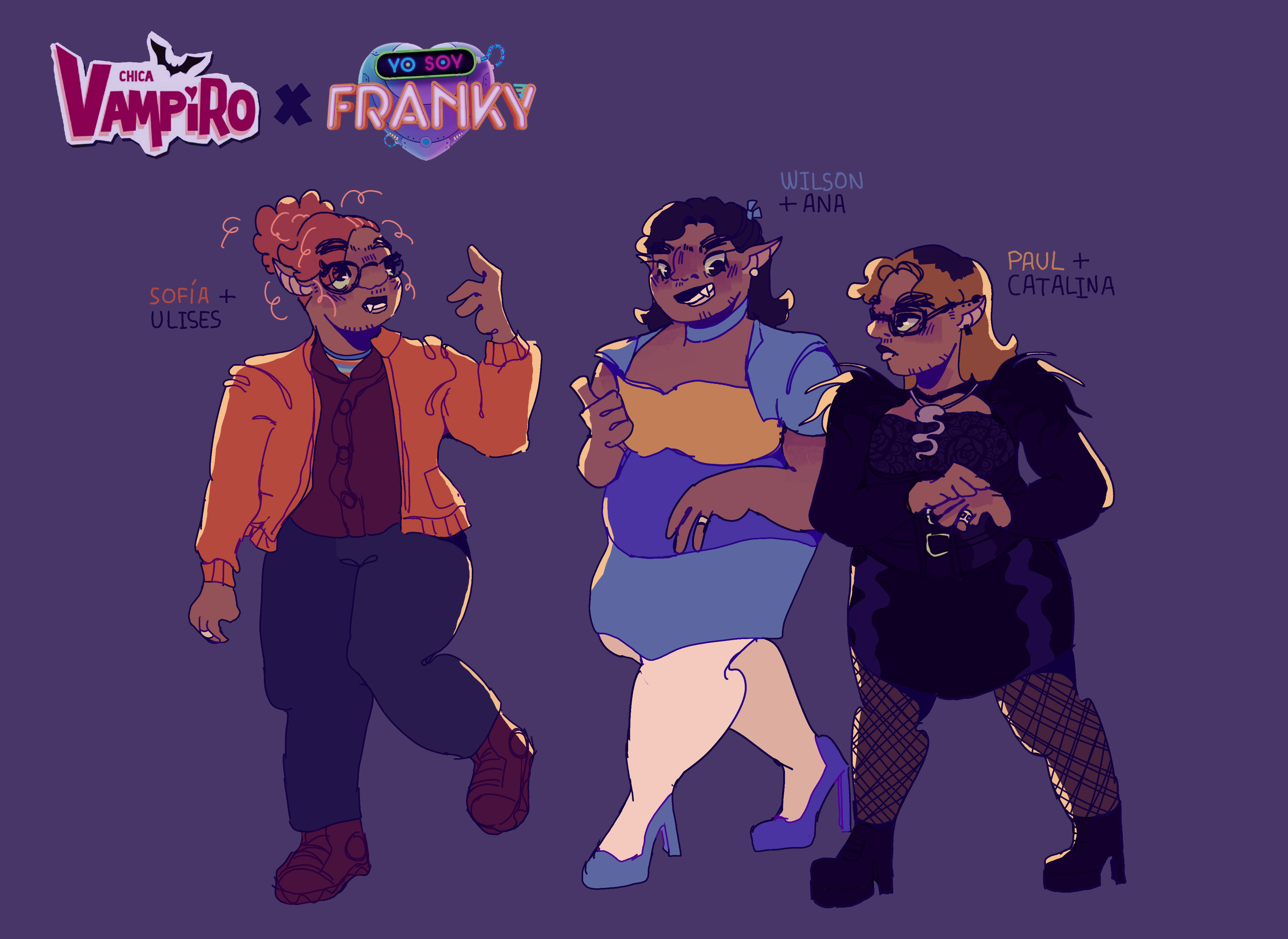 A digital drawing of Sofía, Wilson and Paul from Yo soy Franky as Ulises, Ana and Catalina from Chica Vampiro. The two logos of the series are at the top, with an x between them. All three of them are talking to each other while walking. Sofía is Ulises and wears a jacket, a sweater and has glasses. Her hair is messy and has gray strands. Wilson is Ana and wears her blue and yellow dress, white tights and blue high heeled shoes. His hair is mid length and there is a blue bow tied in it. Paul is Catalina, he's wearing a black corset and dress, fishnet tights and black boots. His hair is blonde and mid length.