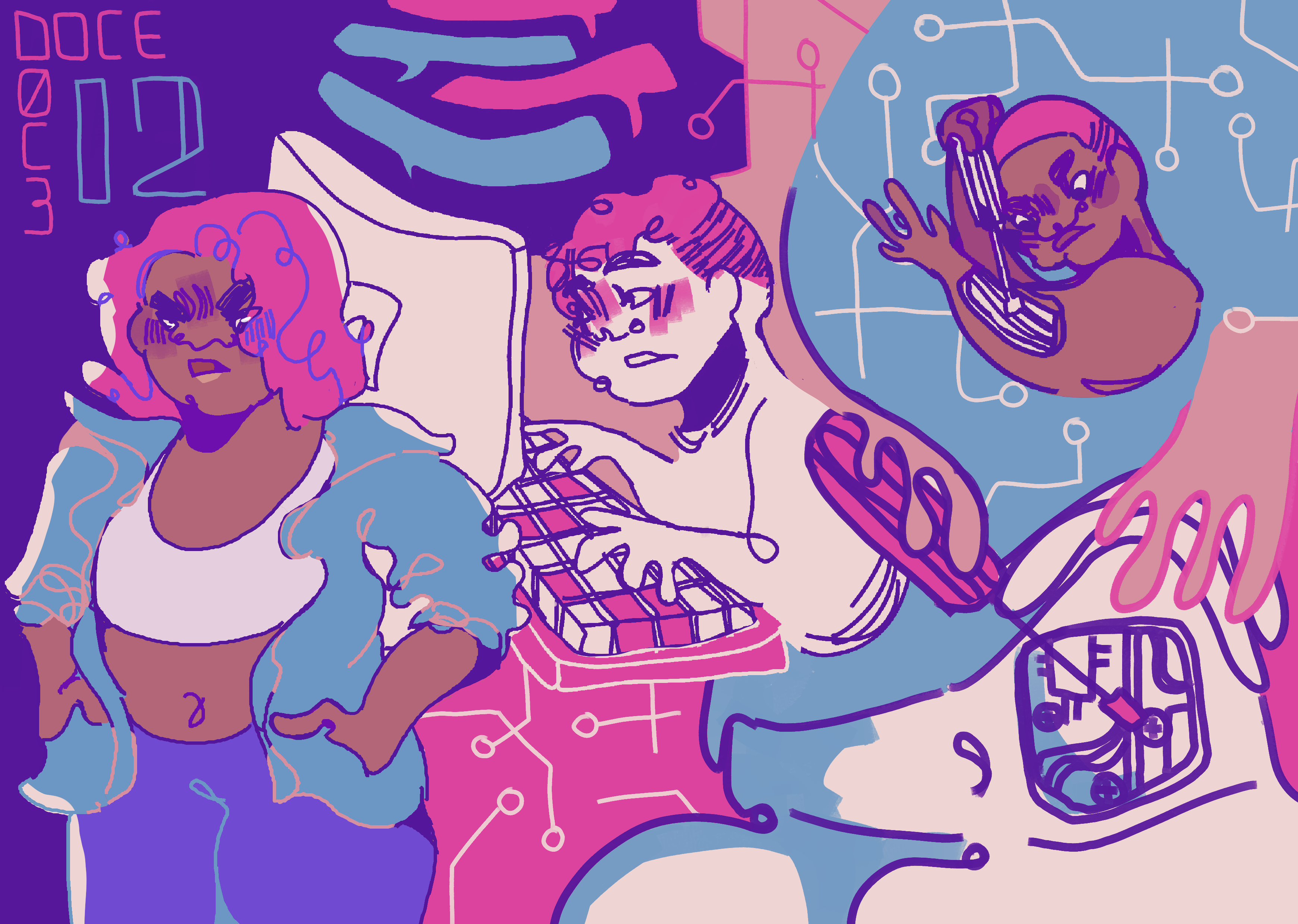 Four digital drawings of Doce from Yo soy Franky organized in one image. The colors are mainly blue, red and white. At the top left there is written: 