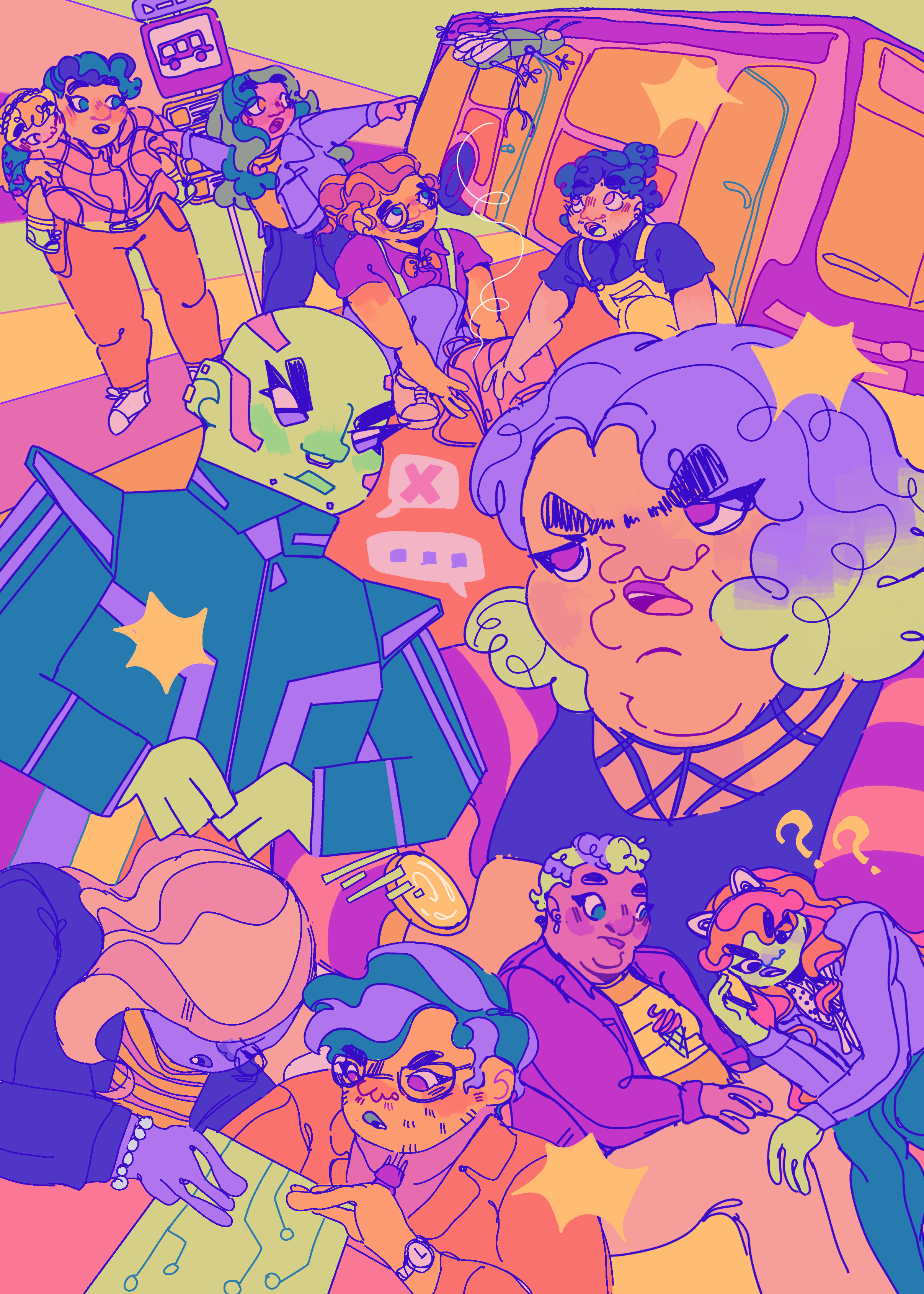 A digital drawing of Yo soy Franky characters with very bright colors. Top right: Franky, Wilson and Clara at a bus stop, pointing to a bus. Top middle: Sofía and Paul as teens, on the ground opening a bag and looking a bug-like robot soaring. Middle: Dóminus and Luz talking on the phone. Bottom left: Sofía and Paul as adult working together on a mother board. Bottom right: Chris and Tamara next to eachother. Tamara is on the phone and looks confused.