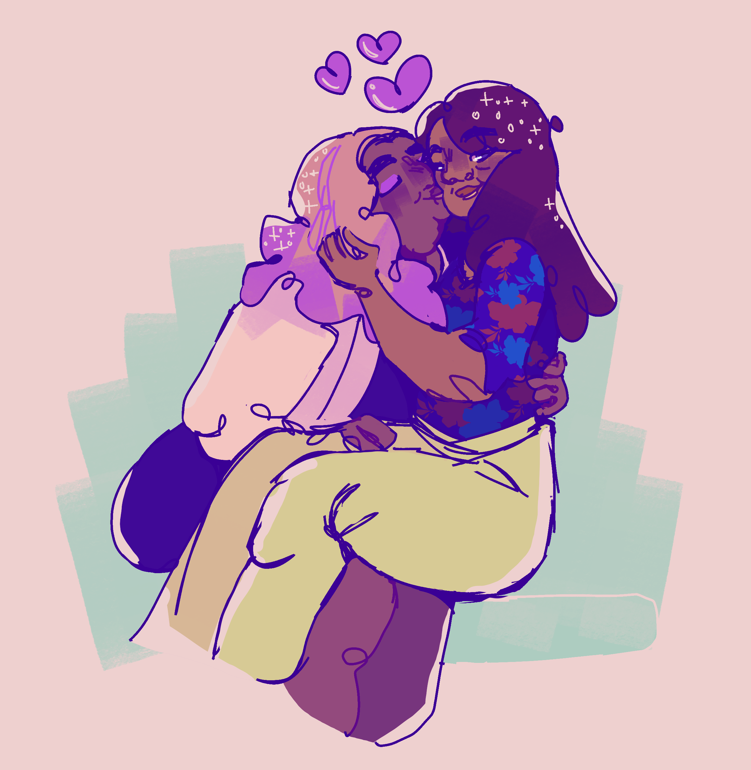 A digital drawing featuring Yo soy Franky characters. Kassandra is giving a kiss on Margarita's cheek. Margarita is sitting on Kassandra's lap, is holding her head and is looking at the viewer. Kassandra is holding her back and leg. The background is white and there is a light blue background behind them suggesting they're sitting on a couch.