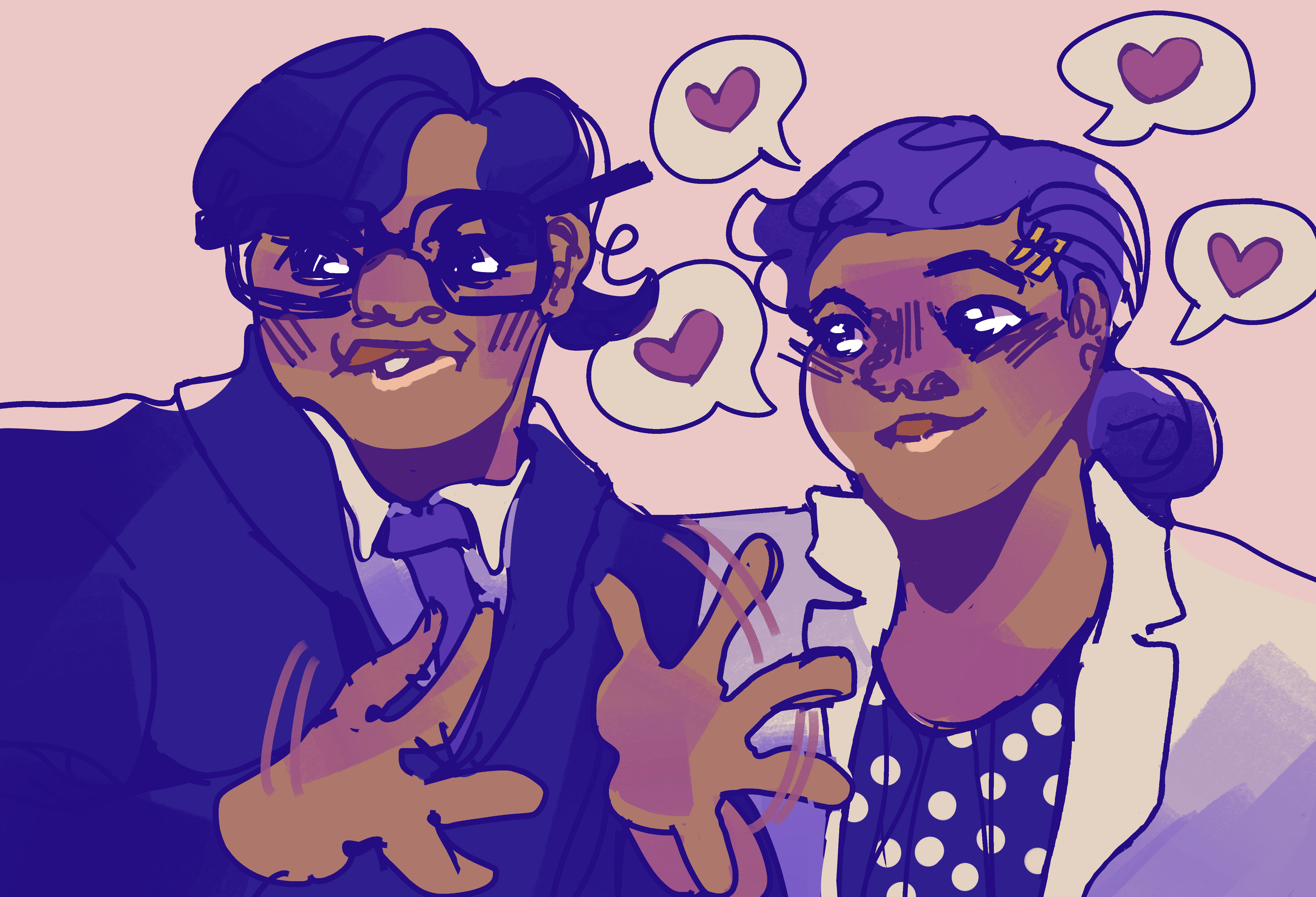 A digital drawing of Paul and Sofía from Yo soy Franky. Paul on the left is talking to someone out of frame while shaking his hands and looking angry. Sofía on the right looks at him with sparkling eyes. There are four speech bubbles with heart in them around her head.