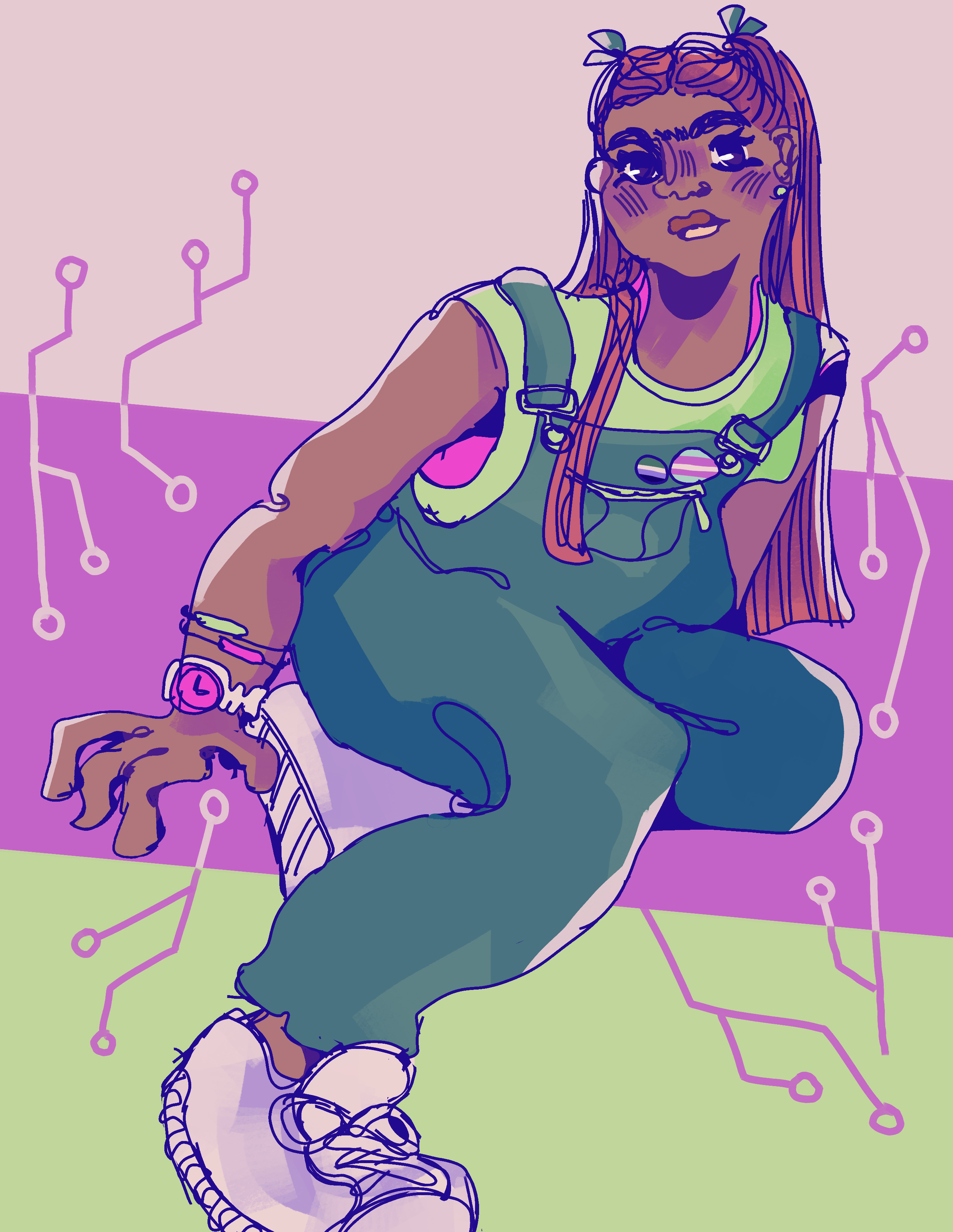 A digital drawing of Laura from Yo soy Franky sitting against an abstract white, pink and light green background. She is looking at us with an expressionless face. She is wearing her green overalls, a green shirt and a bright pink undershirt. She has a watch, two bracelets, and a trans pin and an aromantic pin. Her shoes are white sneakers.