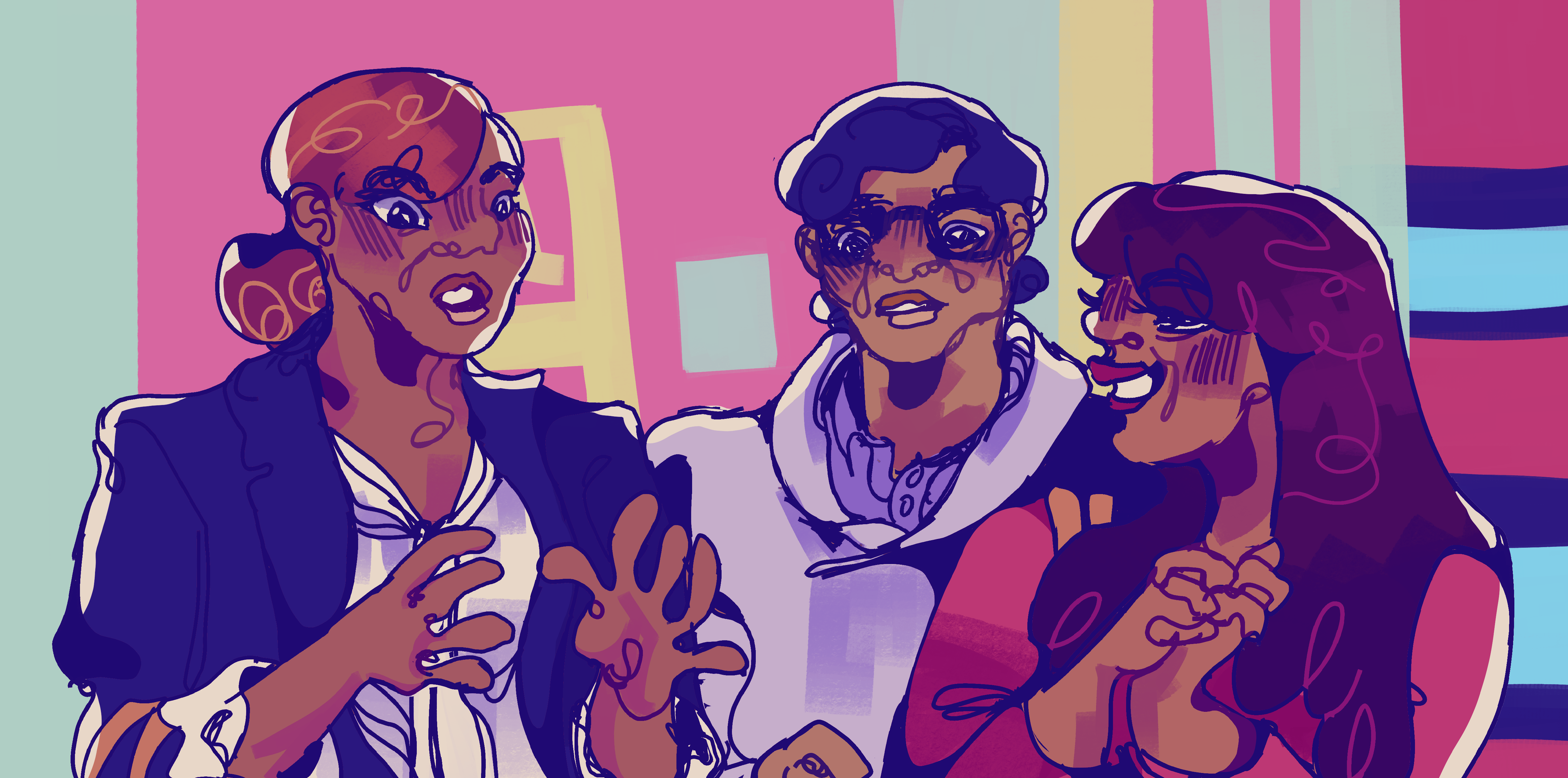 A drawing of Sofía, Paul and Margarita from Yo soy Franky. They are standing in the school hallways. Sofía at the left looks surprised, her hands are raised. Paul in the middle looks down while looking scared. At the right Margarita holds her hands together and looks at Sofía with a big smile.
