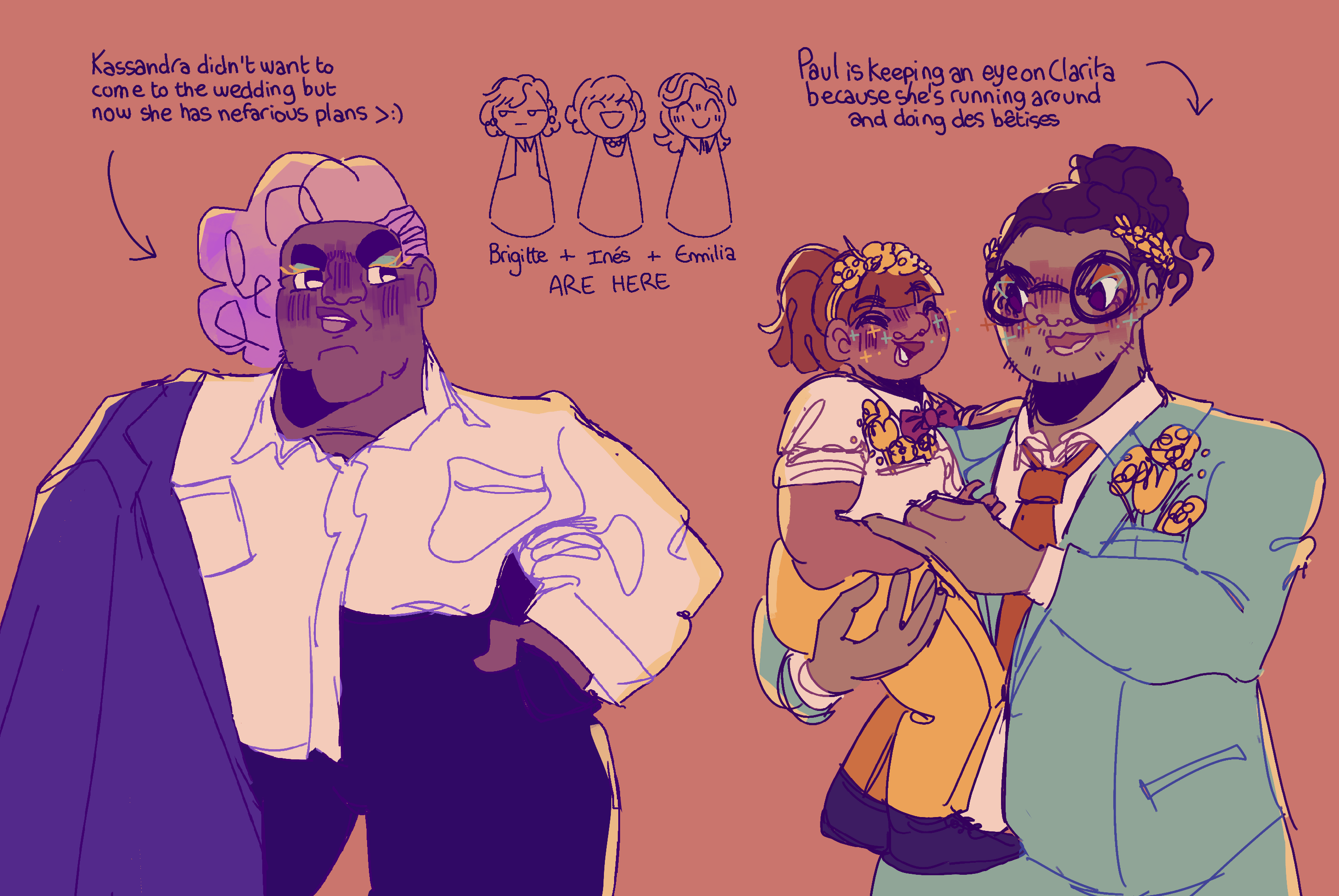 Three drawings of other people at the wedding. Kassandra on the left is wearing a white shirt, black pants and has a long dark coat on her right elbow. She looks annoyed and her left hand is in her pocket. Text above her reads: 'Kassandra didn't want to come to the wedding but now she has nefarious plans >:) (emoji description: mischievous face)'. On the middle there are three very simple drawings of Brigitte, Inés and Emilia. They are labeled: