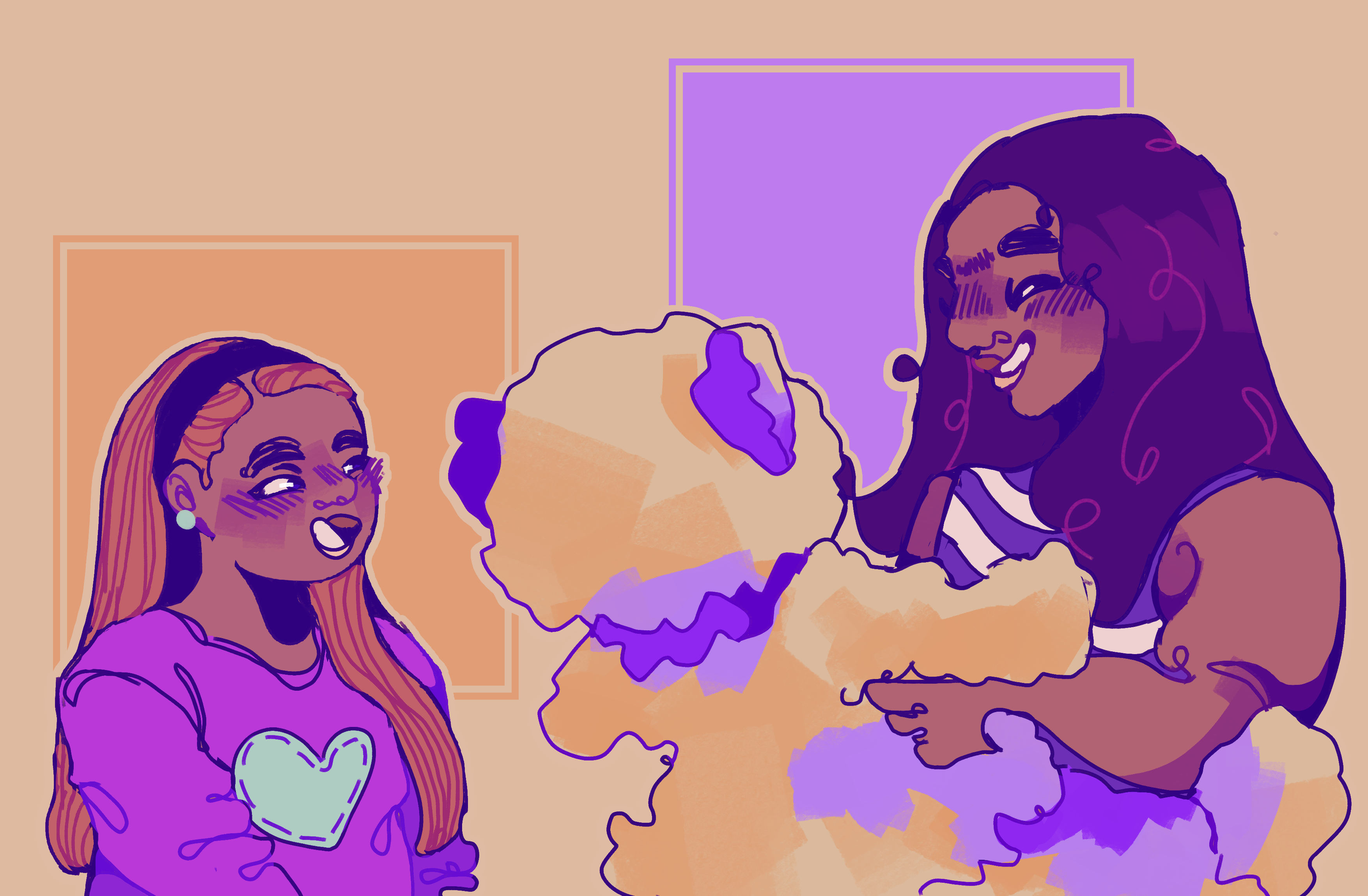 A digital drawing of Clara and Franky from Yo soy Franky. Franky on the right is holding a very large yellow teddy bear and smiles at it. She is wearing a dress with purple and white stripes. Clara on the left looks at the plush with a big smile. She is wearing a bright pink sweater with a green heart on it. The background is light yellow and there is a yellow square behind Clara and a purple square behind Franky.