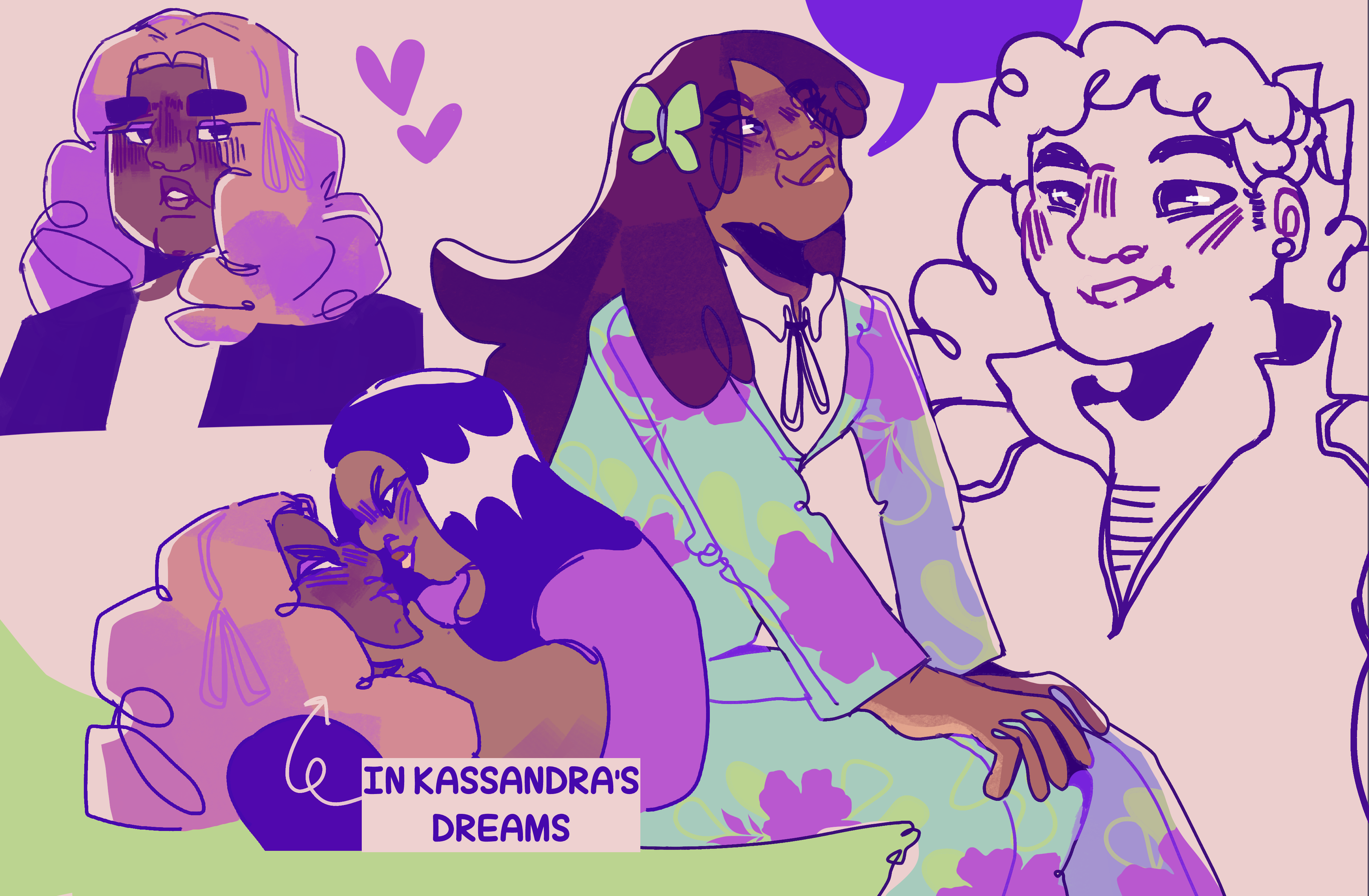 Several digital drawings in one canvas of characters from Yo soy Franky. The background is white, and the colors are mainly blue and pink. At the top left there is a drawing of Kassandra looking right. At the bottom left a profile of Sabrina holding Kassandra's chin while looking evil. It is labeled 