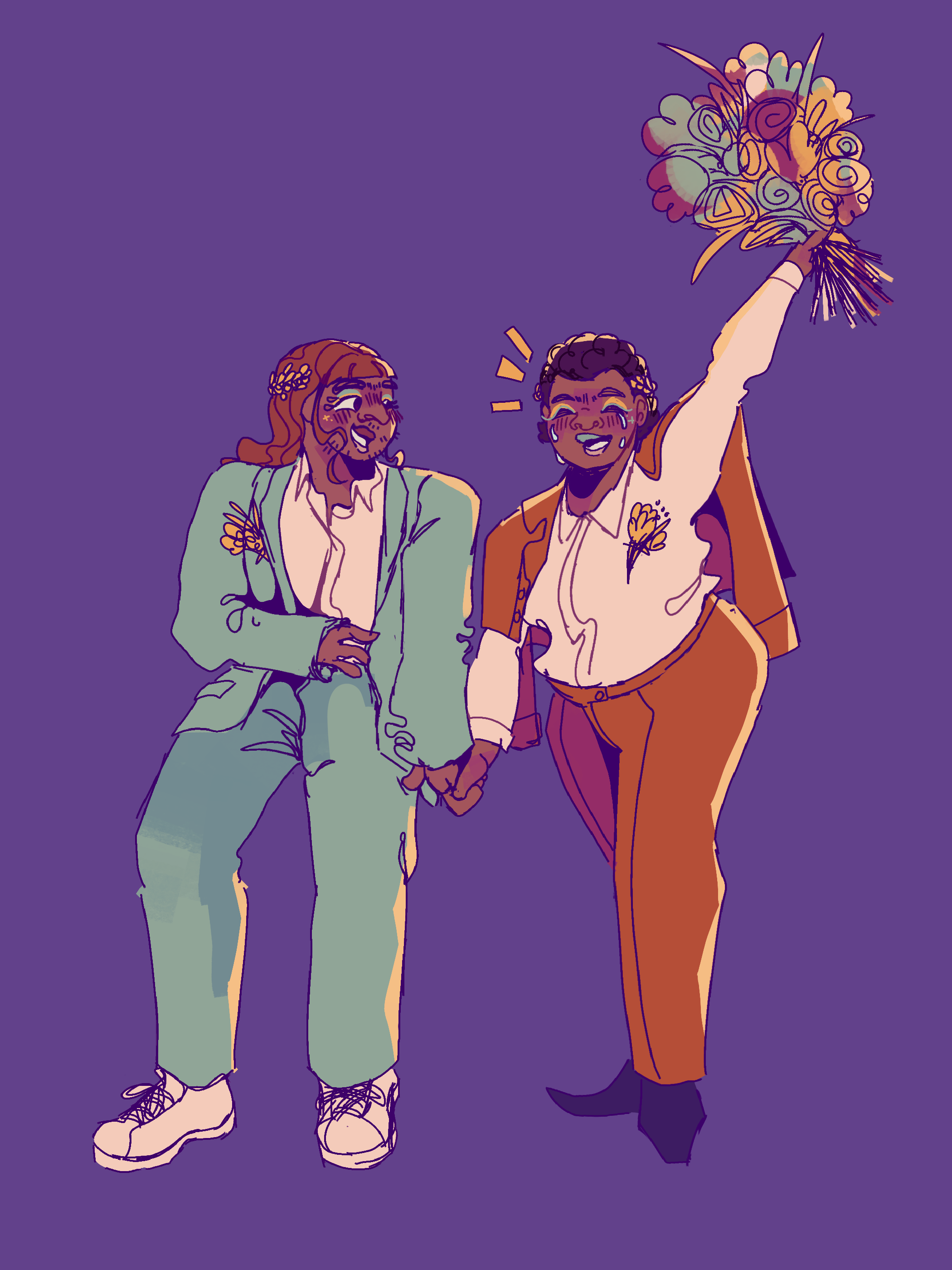 Sofía and Wilson at their wedding, holding hands. Sofía on the left is wearing a light teal suit, a white shirt and white shoes. Her hair is long and wavy, she has a stuble. Wilson on the right is wearing a white shirt, orange pants, the vest of the suit is on his shoulders, and dark pointed shoes. The both have yellow flowers in their hair, yellow buttonholes, and similar blue and yellow make up. She is looking at Wilson with a soft smile, as he is shouting, crying and holding a bouquet high in the air.
