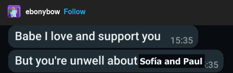 Une capture d'écran d'une conversation de deux messages: Babe I love and support you. But you're unwell about Sofía and Paul. Fin de la description.